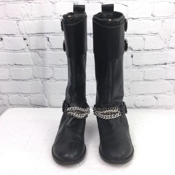 Claudia Ciuti Women's Buckles Chain Link Block Heel Black Leather Calf Boot 7.5 - Picture 2 of 15